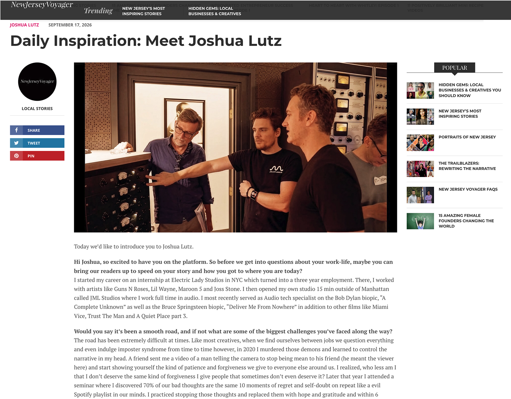 New Jersey Voyager Magazine Article Featuring Local Artist Joshua Lutz